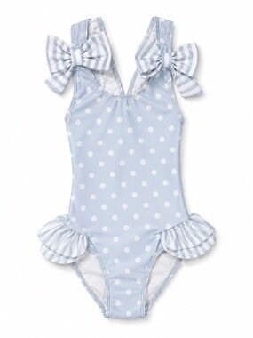 Sal & Pimenta Girls Blue Polka Dot Bow One-Piece Swimsuit Size 7T